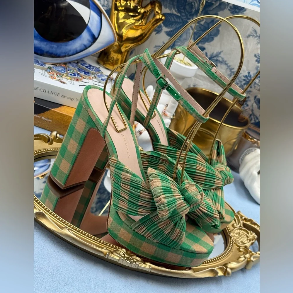 🆕 LOEFFLER RANDALL 🧿 NWOB Natalia Pleated Bow Platform Sandal, Plaid Green Sz7